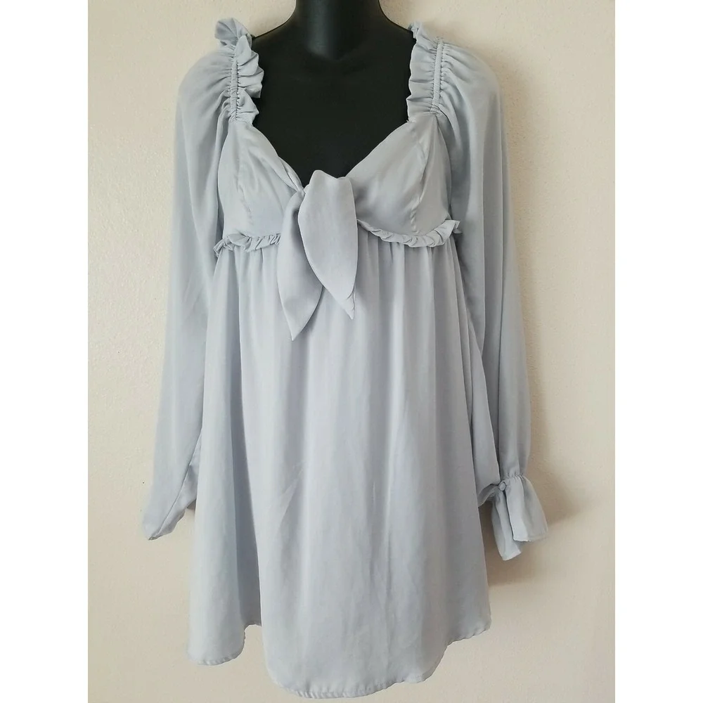 Skylar Rose‎ Tie Neckline Long Sleeve Ruffle Trim Above Knee Length Dress S